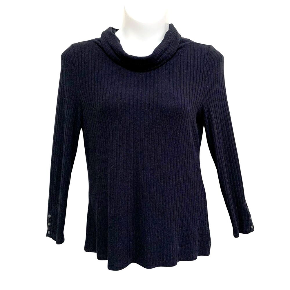 Lands End Cowl Neck Sweater Rib Women's Large Black Long Sleeve Buttons Stretch